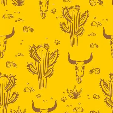 Desert pattern seamless hand drawing. cow skull and cactus background. Stock Illustration