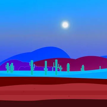 Desert plain backdrop with cactus tree silhouettes, desert floor, and desert mou Stock Illustration