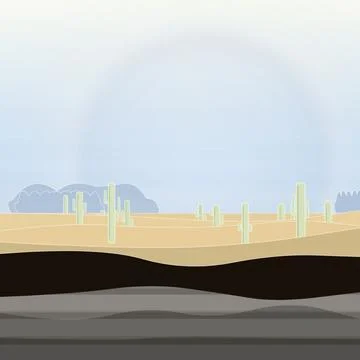 Desert plain backdrop featuring cactus tree silhouettes and sand field under fog Stock Illustration