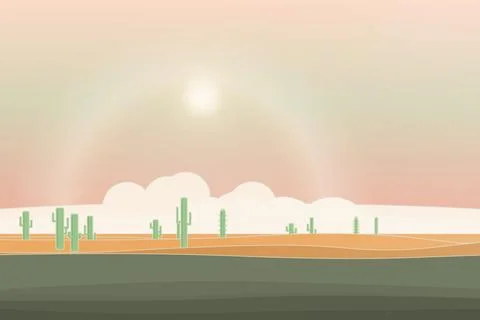 Desert plain backdrop featuring cactus tree silhouettes and sand field under sun Stock Illustration
