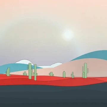 Desert plain backdrop with sand field, desert shrubs, and branching Ilustração Stock