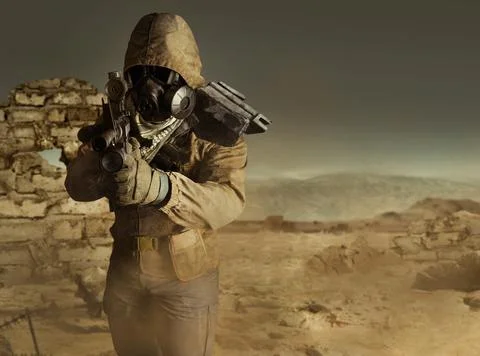 Desert post-apocalyptic soldier aiming standing with rifle. Stock Photos