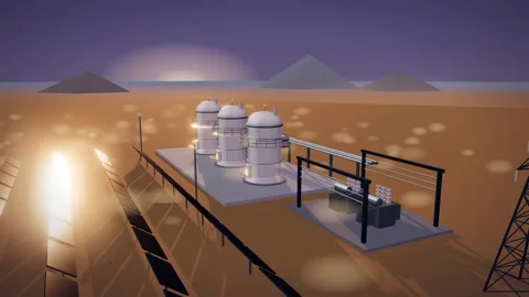 Desert reactor site with a solar array in low sun and dust haze Video stock 342710574