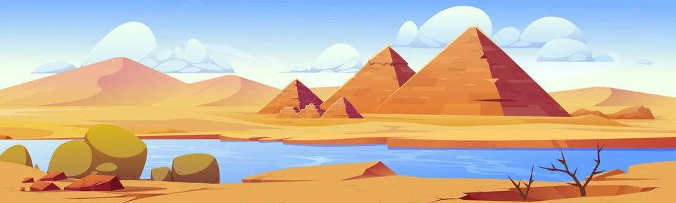 Desert river landscape vector cartoon background Stock Illustration