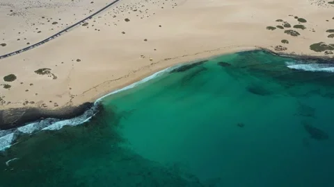 Desert Road Cutting Through Corralejo Dunes, Aerial View, Fuerteventura Stock Footage 327218568