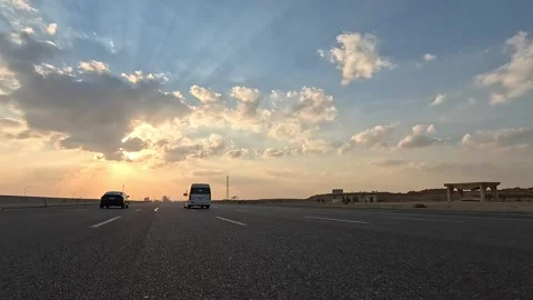 Desert Road Driving Between Cairo and Ain Sokhna Showing Continuous Traffic Flow Stock Footage 329968682