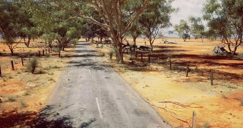 Desert road meanders through arid landscape under blue sky at noon Illustrazione stock