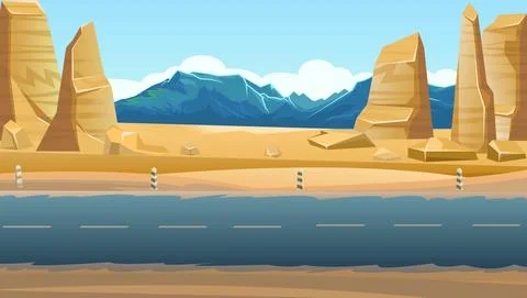 Desert road. Rocky sharp mountains and cliffs in distance. Landscape of south Stock Illustration