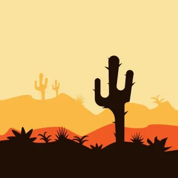 Desert rocks under sunset dry hot cactus silhouette illustration Stock Illustration