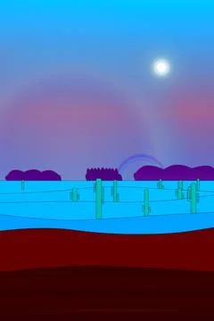 Desert scene featuring cactus tree silhouettes and sand field under daylight sky Stock Illustration