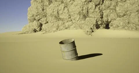 Desert scene with a lone barrel surrounded by sand and rock formations Stock Illustration