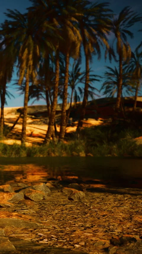Desert scene with palm trees and water at sunset near sandy dunes Stock Footage 342191771