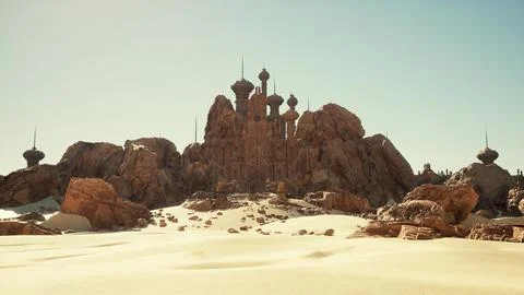 A desert scene with rocks and a building in the background Ilustración de archivo