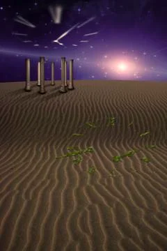 Desert scene with temple and  image of clock Stock Illustration