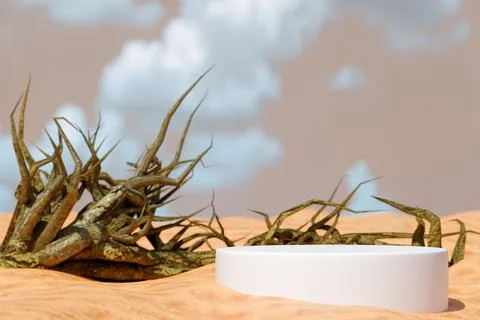 Desert scene with a twisted tree trunk and a white circular podium Illustrazione stock