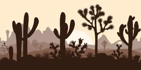 Desert seamless pattern with joshua trees, opuntia, and saguaro Stock Illustration