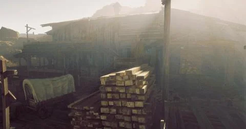 Desert settlement features stacked timber and a wagon under morning light Stock Illustration