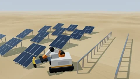 Desert solar farm under construction with a robot mounting panels beside bare 库存影片 340329276