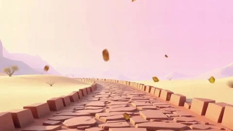 Desert Stone Path to Town: An Animated View with Falling Leaves and Distant Mou Stock Footage 330319663