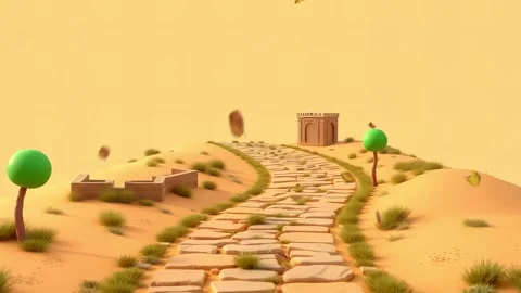 Desert Stone Path to Town: A Whimsical Journey with Autumn Leaves and Simple Ar Stock Footage 330319656