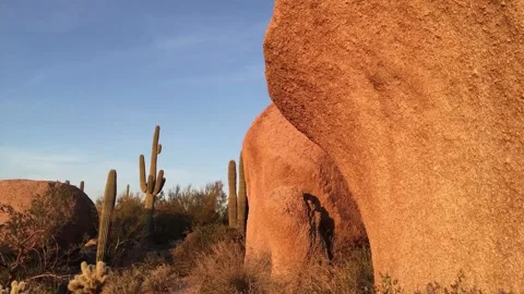 Desert sunset landscape time-lapse, Saguaro Cactus and red giant boulders. Stock Footage 133357802