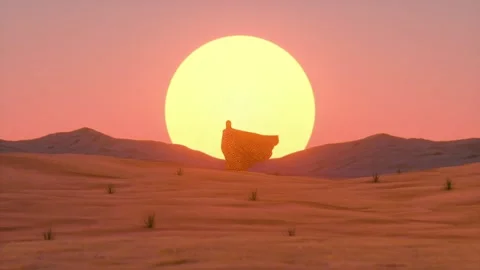 Desert Sunset Realistic 3D Scene endless hot sandy mountain and a traveler Video stock 196967055