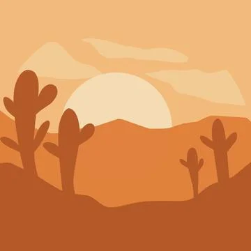 Desert Sunset Scenery Vector Illustration with Cactus and Mountains Silhouettes: Illustrazione stock