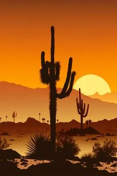 Desert sunset with silhouette Stock Illustration