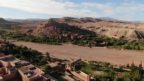Desert Valley with Oasis and Ancient Village Atlas Morocco Aerial 스톡 동영상 332633170
