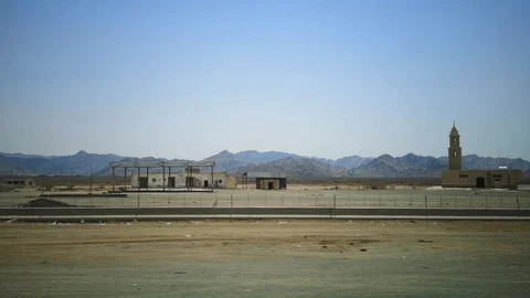 Desert view with mountain background and blue sky. Stock Footage 124954162