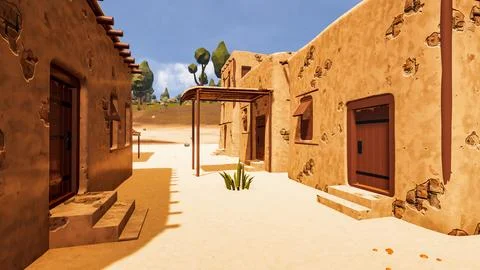 A desert village in a virtual world a computer designed 3d render illustratio Stock Illustration