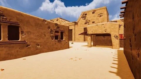 A desert village in a virtual world a computer designed 3d render illustratio Stock Illustration