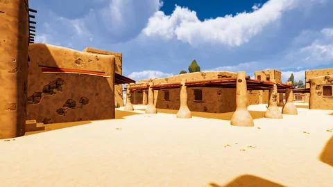 A desert village in a virtual world a computer designed 3d render illustratio Stock Illustration