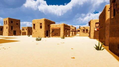 A desert village in a virtual world a computer designed 3d render illustratio Illustrazione stock