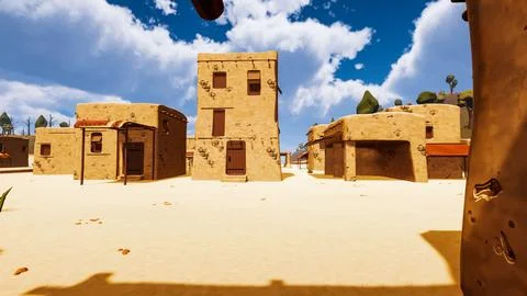 A desert village in a virtual world a computer designed 3d render illustratio Stock Illustration