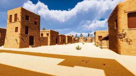 A desert village in a virtual world a computer designed 3d render illustratio Illustrazione stock