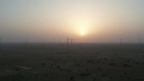 Desert Wind Farm at Sunset | 4K Drone View Over Jaisalmer Thar Desert Stock Footage 319834266