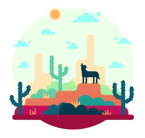 Desert, wolf, cactus - Vector cartoon Illustration in flat stile Stock Illustration