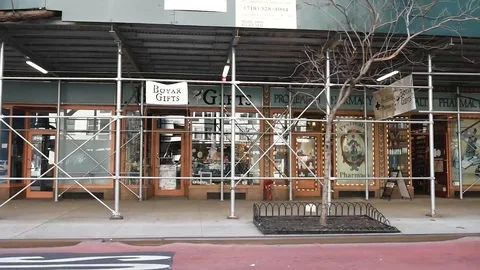 Deserted 2nd Ave Scaffold Sidewalk Closed Business NYC Coronavirus Lockdown Stock Footage 127397428
