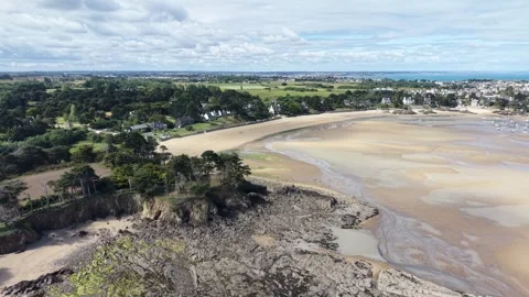 Deserted beach Plage du Havre de Rothéneuf Saint Malo France drone aerial Stock Footage 342219247