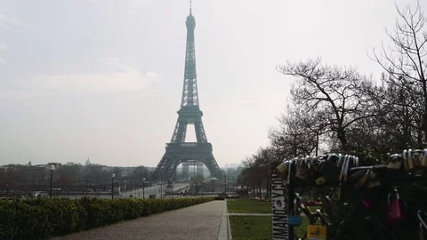 Deserted Eiffel tower view during coronavirus crisis in Paris Stock Footage 126753168