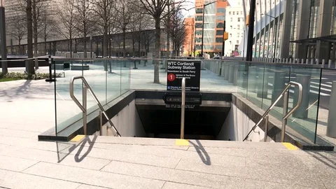 Deserted Empty WTC Cortlandt Subway Station WTC 911 Memorial Park NYC Lockdown Video stock 128661735