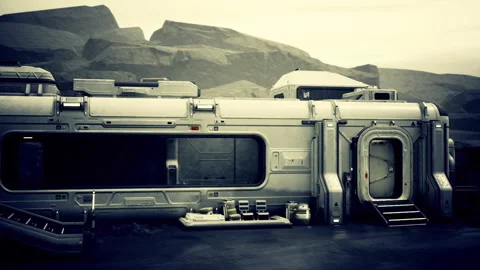Deserted facility with aged panels and faint mission marks across soil Stock Footage 340654809