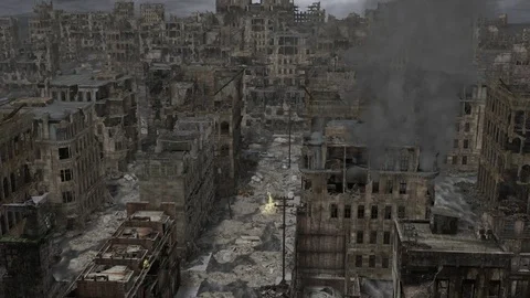 Deserted Post Apocalyptic city animation pan down with fire, smoke and birds Stock Footage