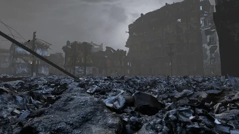 Deserted Post Apocalyptic city animation crane up with smoke Stock Footage 77678040