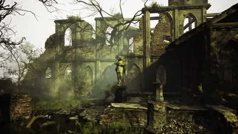 Deserted religious building enveloped in dense fog and overgrown moss coverings Stock Footage 338342188