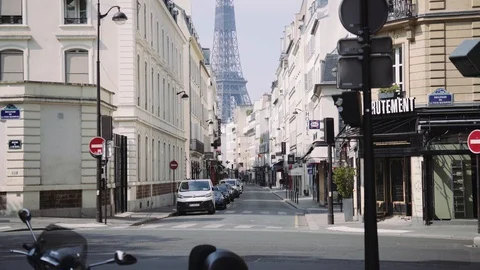 Deserted road to Eiffel tower during coronavirus lockdown in Paris 4K Stock Footage 128385144