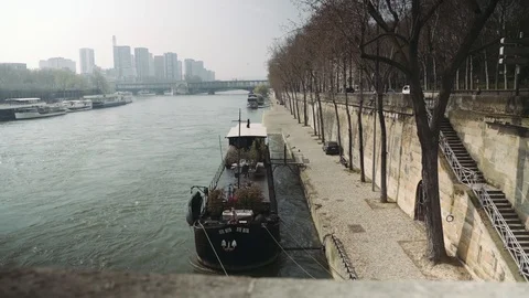 Deserted Seine River side during coronavirus lockdown crisis in Paris 4K Stock Footage 126753247