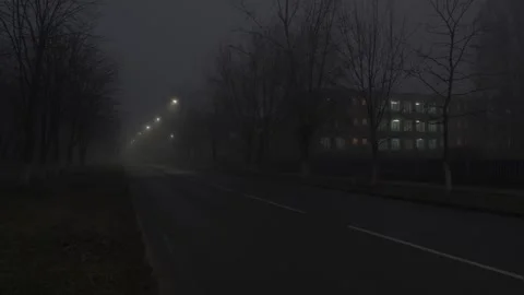 A deserted street at night against the backdrop of fog, streetlights and drizzle Video stock 314886657