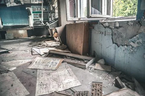Deserted technical room in mess in Pripyat Stock Photos